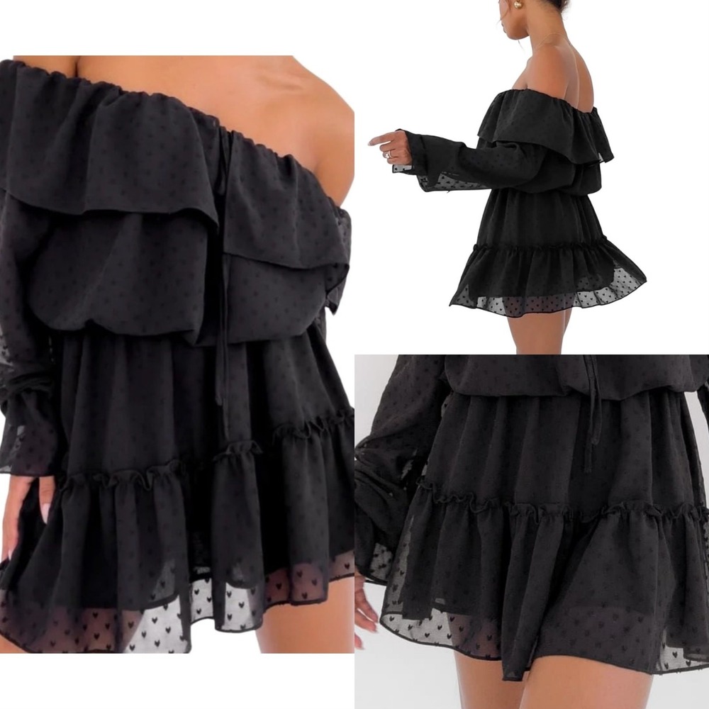 Rumored Senorita Mini Dress SMALL Black Ruffles Bohemian Sheer NWT Danty Flirty - Picture 2 of 9